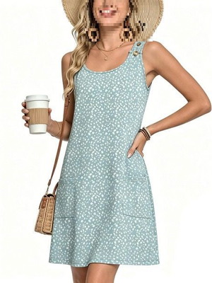 WNEEDU sleeveless summer dress with pockets, green pattern, XL