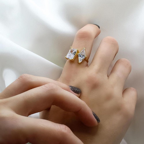 Gold-Plated Adjustable Ring With Double Stone New