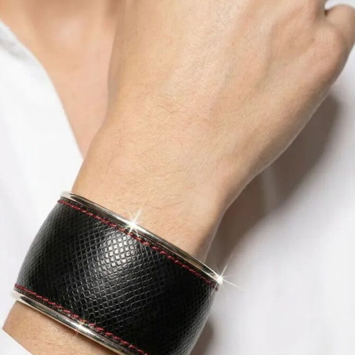 Montblanc Silver 925 Cuff Bracelet with Saffiano Leather like new