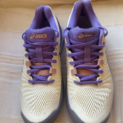 Asics Gel-Game 8 women's tennis shoes, size 39.5, white with purple and salmon