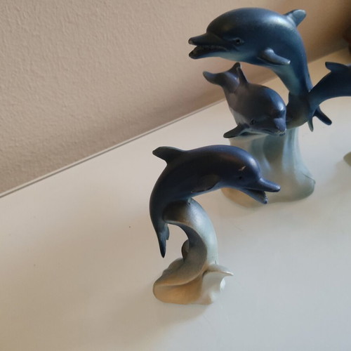 Decorative dolphin set used, pack of 3, blue-cream matte finish