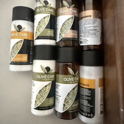 Bathroom amenities set new, shampoo, conditioner, body lotion, shower gel