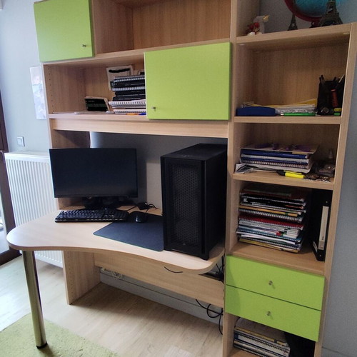 Modeco children's room bookshelf and desk set used, pine and green