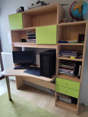 Modeco children's room bookshelf and desk set used, pine and green