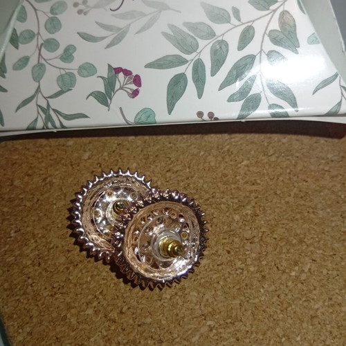 Round handmade earrings with lilac flower and rhinestones