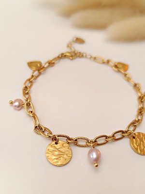 Steel handmade bracelet new with freshwater pearls pink and gold