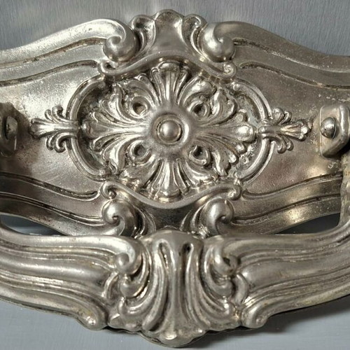 Large Italian door handle used, silver antique with embossed motifs