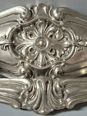 Large Italian door handle used, silver antique with embossed motifs