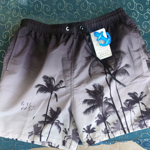 Men's swim shorts new, black and gray gradient with palm trees, size XXL