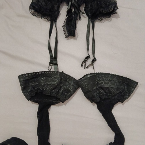 String lingerie with integrated garters and fishnet stockings, new, black