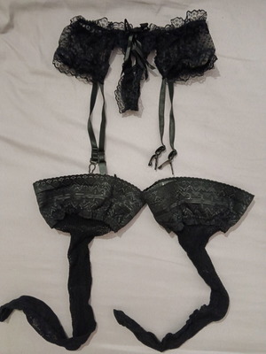 String lingerie with integrated garters and fishnet stockings, new, black