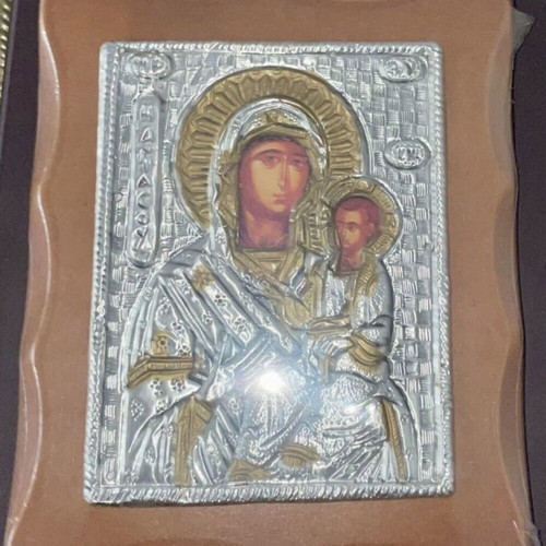 Holy icons of Virgin Mary and Jesus Christ handmade, like new, silver