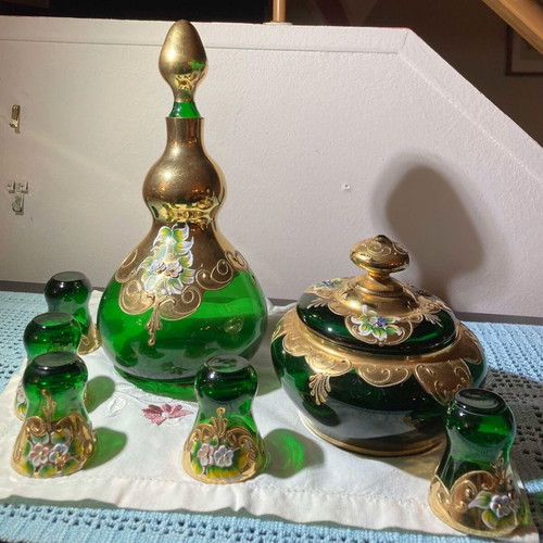 Bohemian style emerald glassware set 1950 like new