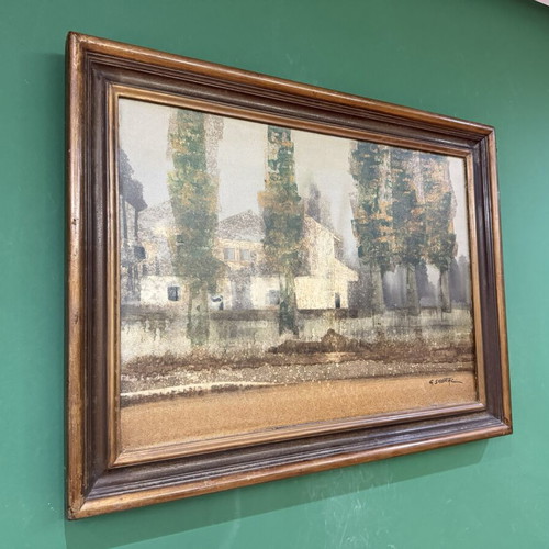 Ελαιογραφία Γ. Σιούντας μεταχειρισμένη, μοντέρνα φύση με σπίτια