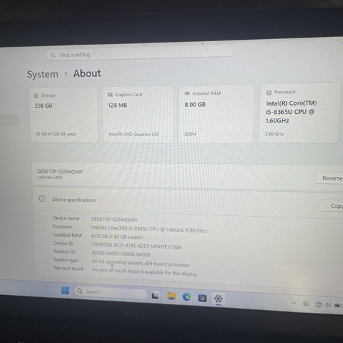 Dell Latitude 5400 laptop used, Intel Core i5, 8GB RAM, 256GB SSD NVMe