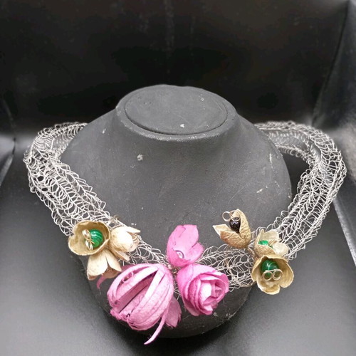 Handmade necklace with silk cocoons and semi-precious stones new