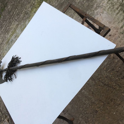 Wooden spear used 1.50 m with metal element and 1970s leather