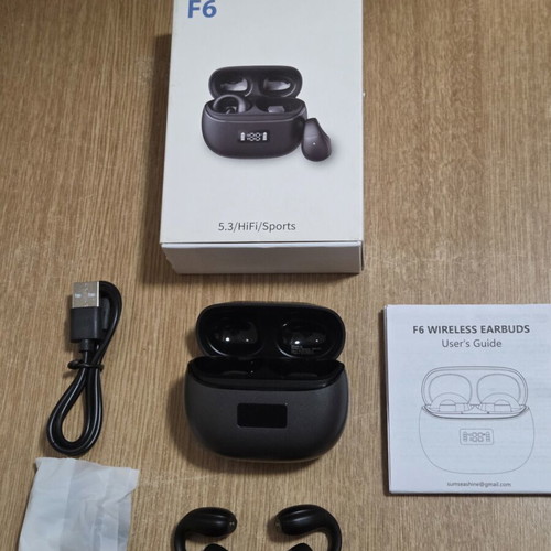 F6 wireless earbuds with Bluetooth 5.3 and LED charging case, new