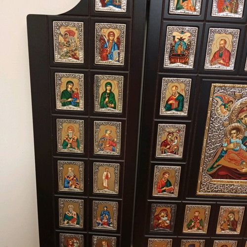 Wood Carved Triptych Icon with 925° Silver like new