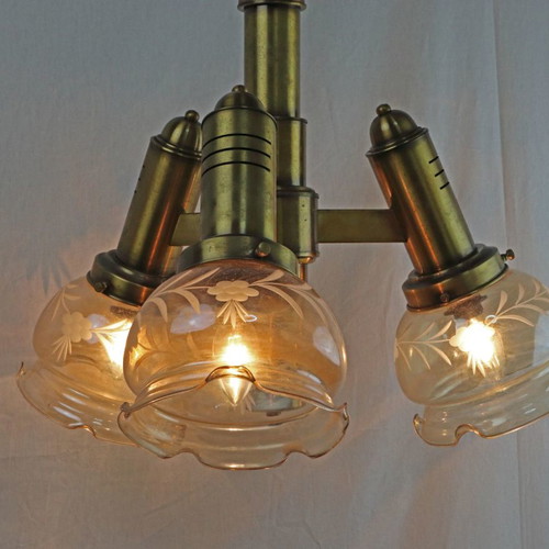 Three-light ceiling lamp brass and glass, new, 1950s