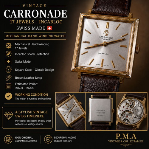 Carronade Vintage 17 Jewels Incabloc Swiss Made Square Men's Watch used