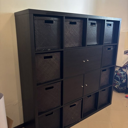 Kallax storage unit 4x4 with fabric boxes and doors, like new