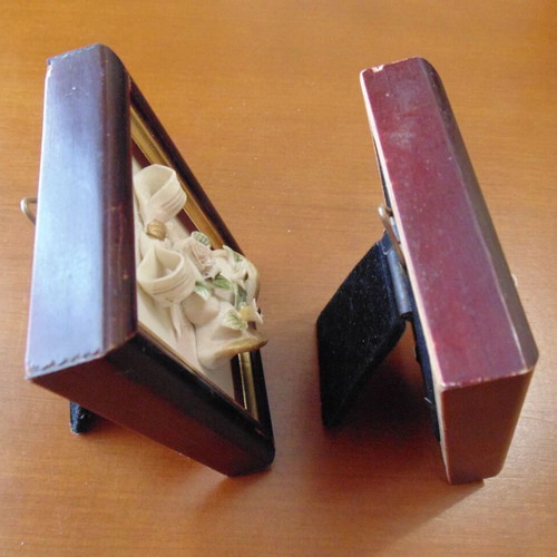 Pair of small frames used with handmade embossed porcelain bells and flowers