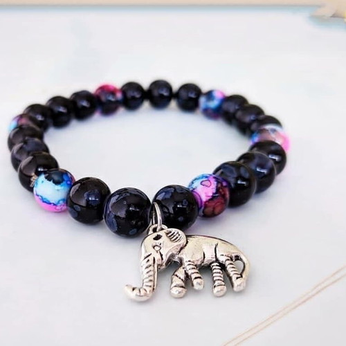 Handmade bracelet with black and pink-purple beads and metal elephant new