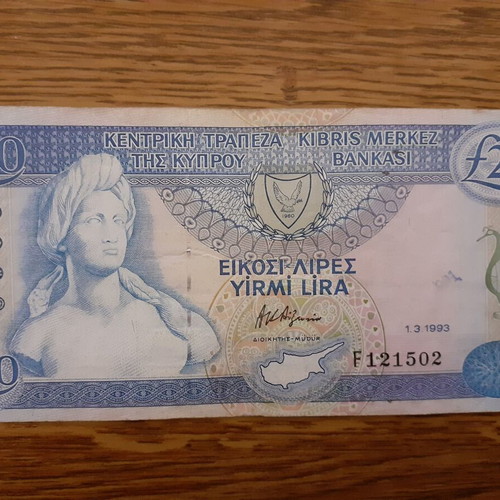 Cyprus 20 Lira 1993 banknote used, rare collectible