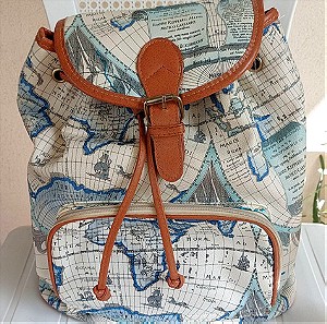 Ευρύχωρο λευκό/γαλάζιο/μπλε backpack/σακίδιο με σχέδιο χάρτη