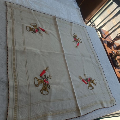Christmas embroidered tablecloth used, 73×69 cm, vintage fabric
