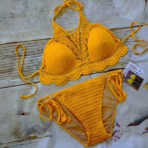Handmade knitted swimsuit new, size M/L, yellow