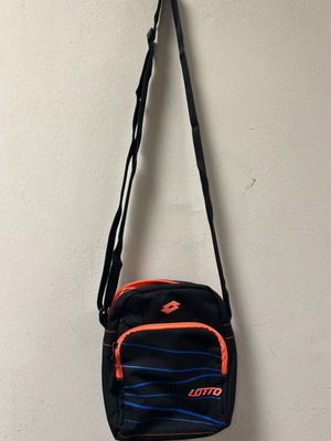 Lotto Post Active crossbody shoulder bag, black with orange and blue stripes