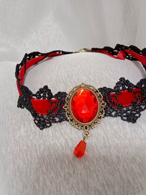 Lace choker necklace with red gem and ribbon new