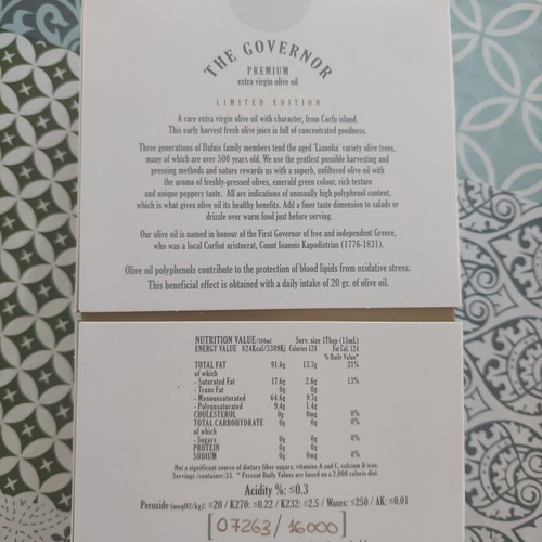 The Governor Limited Edition organic extra virgin olive oil 500ml