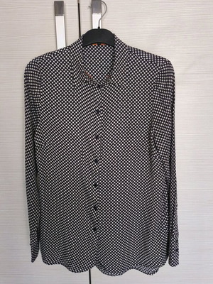 More women's long-sleeve shirt used, black with white dots, size S