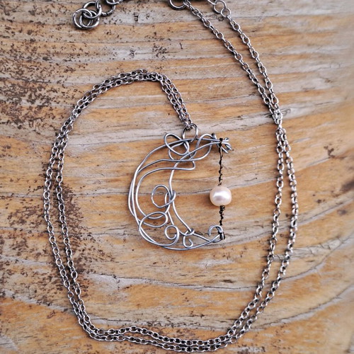 Moon pendant with pearl new, silver handmade