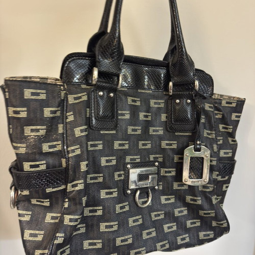 Guess Vintage Y2K Monogram Tote Bag black canvas shoulder bag used