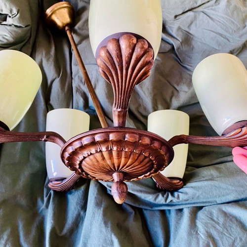 Chandelier used with pistachio opal glass and bronze 5-light
