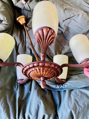 Chandelier used with pistachio opal glass and bronze 5-light