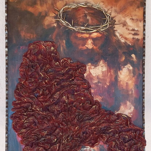 Painting new with image on wood and fabric 40×60