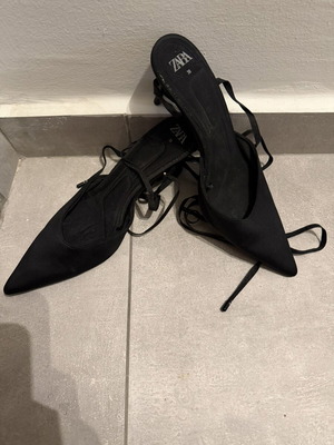 Zara satin black pumps size 38 used with ankle ties