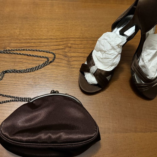 Satin brown bag with gift sandals size 39 like new