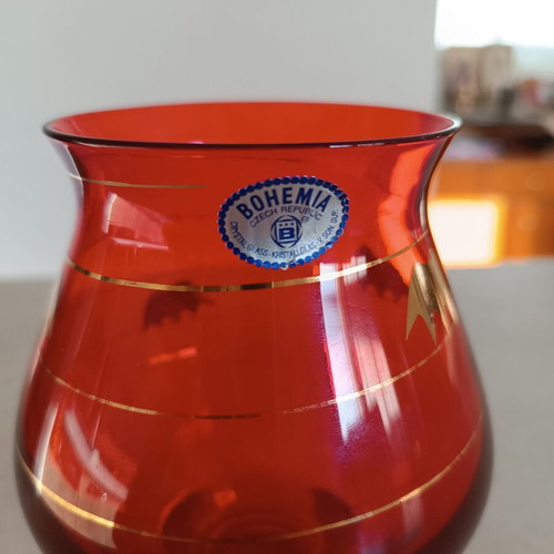 Bohemia Crystal Ruby Red Vase with 24K Gold, new