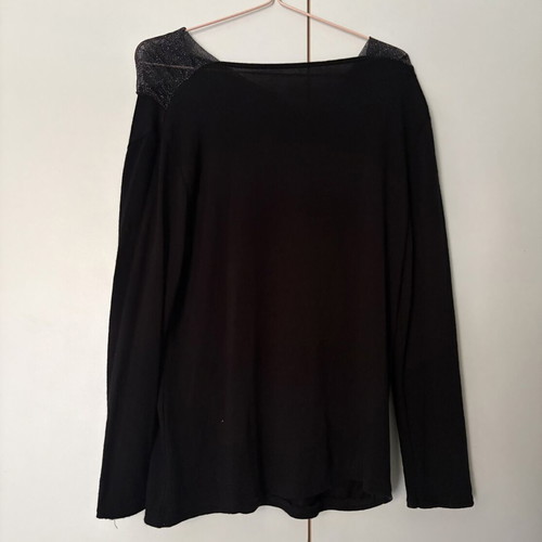 Black blouse with sheer detail and silver buckle, new, size L