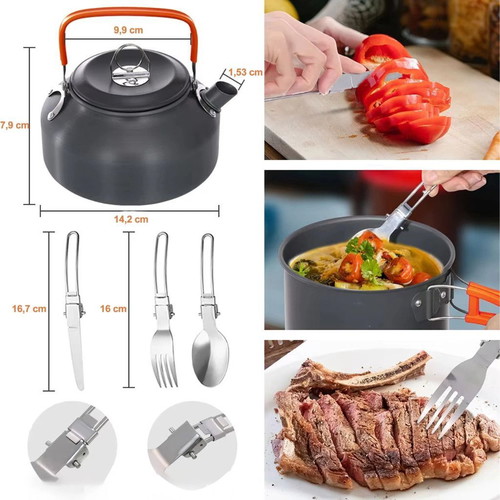 Camping cooking set XXL 15 pieces, anodized aluminum, new