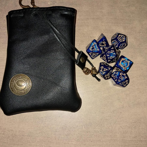 Black leather dice bag with blue dragon D&D dice set