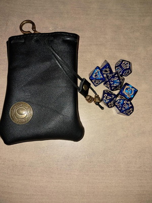 Black leather dice bag with blue dragon D&D dice set