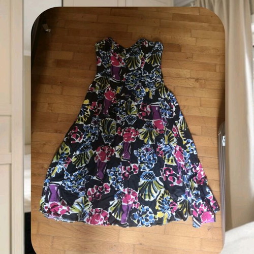 Vintage strapless midi dress with colorful pop art floral print like new, size M