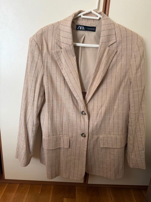 Zara linen blazer with thin blue stripe new, beige